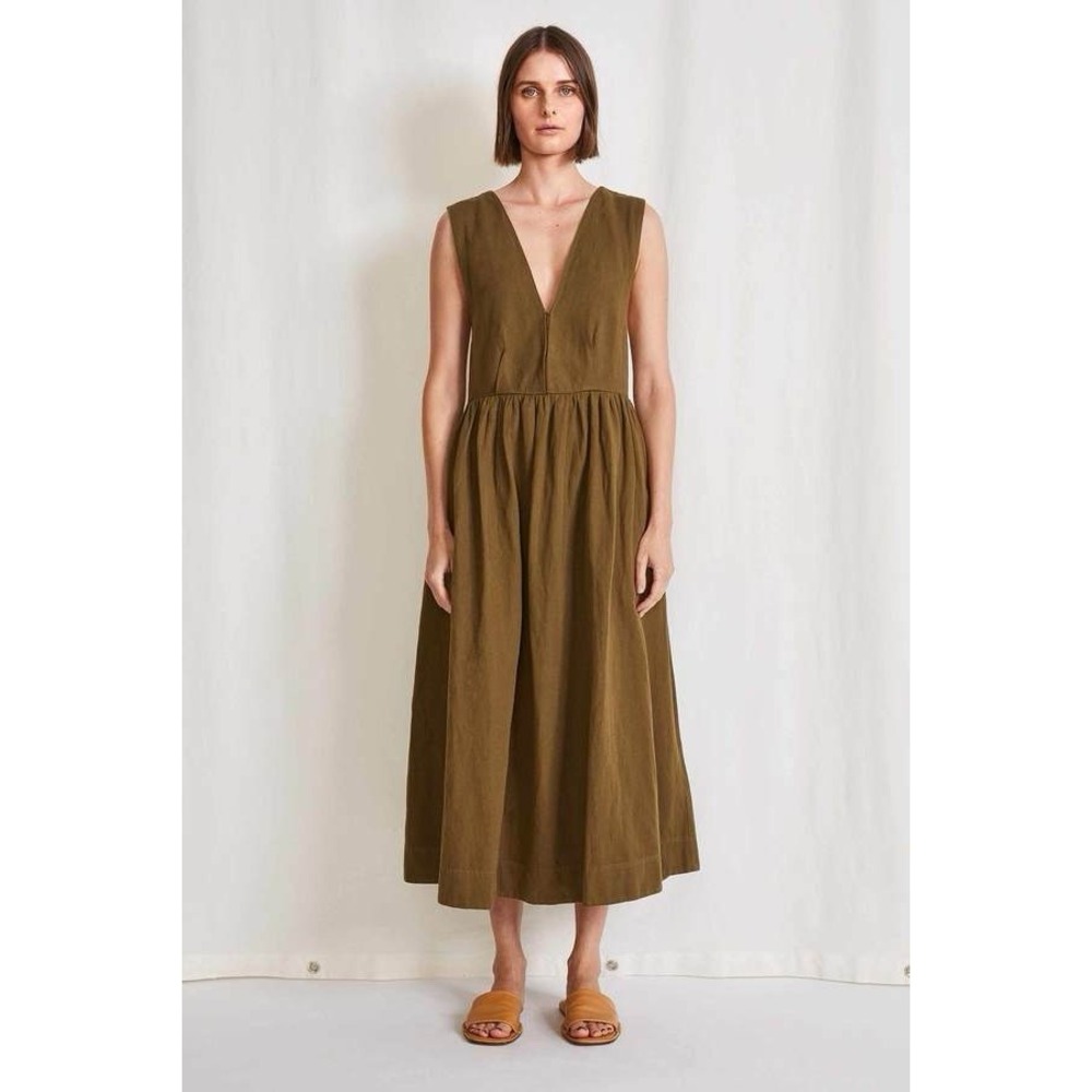 Apiece Apart Moni Midi Dress Womens Small Olive Green Linen Cotton Pinafore